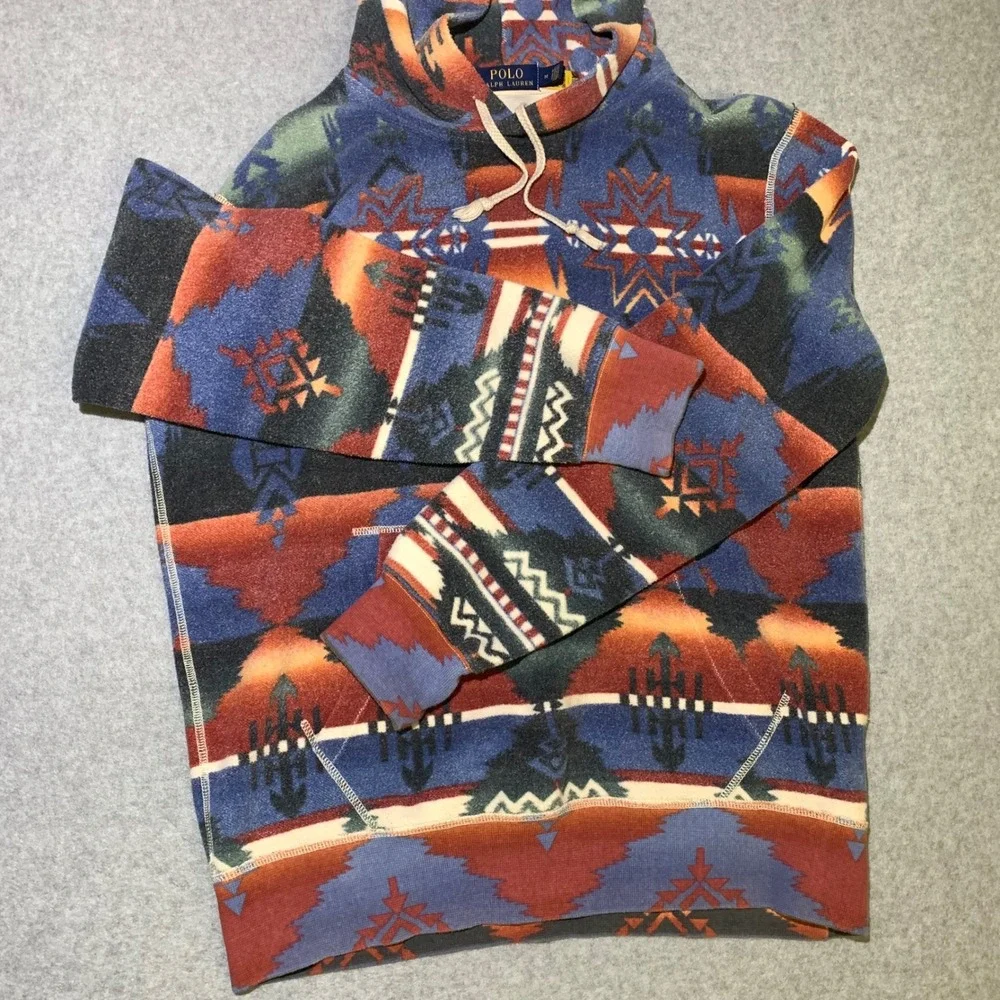 Polo Ralph Lauren Mens M Aztec Fleece Hoodie Southwestern Pattern Blue Orange